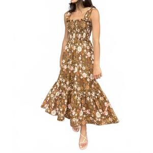 NEW KATHLEEN MAEVE emma bow maxi dress in brown chinoiserie